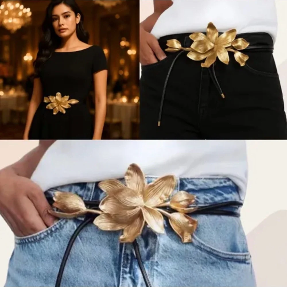 Zara 3D Flower Gold Metal & Cordon Belt One Size Fit All - Picture 5 of 8